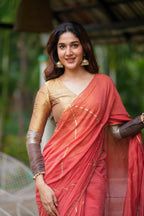 Orange rust saree with tissue handwork blouse