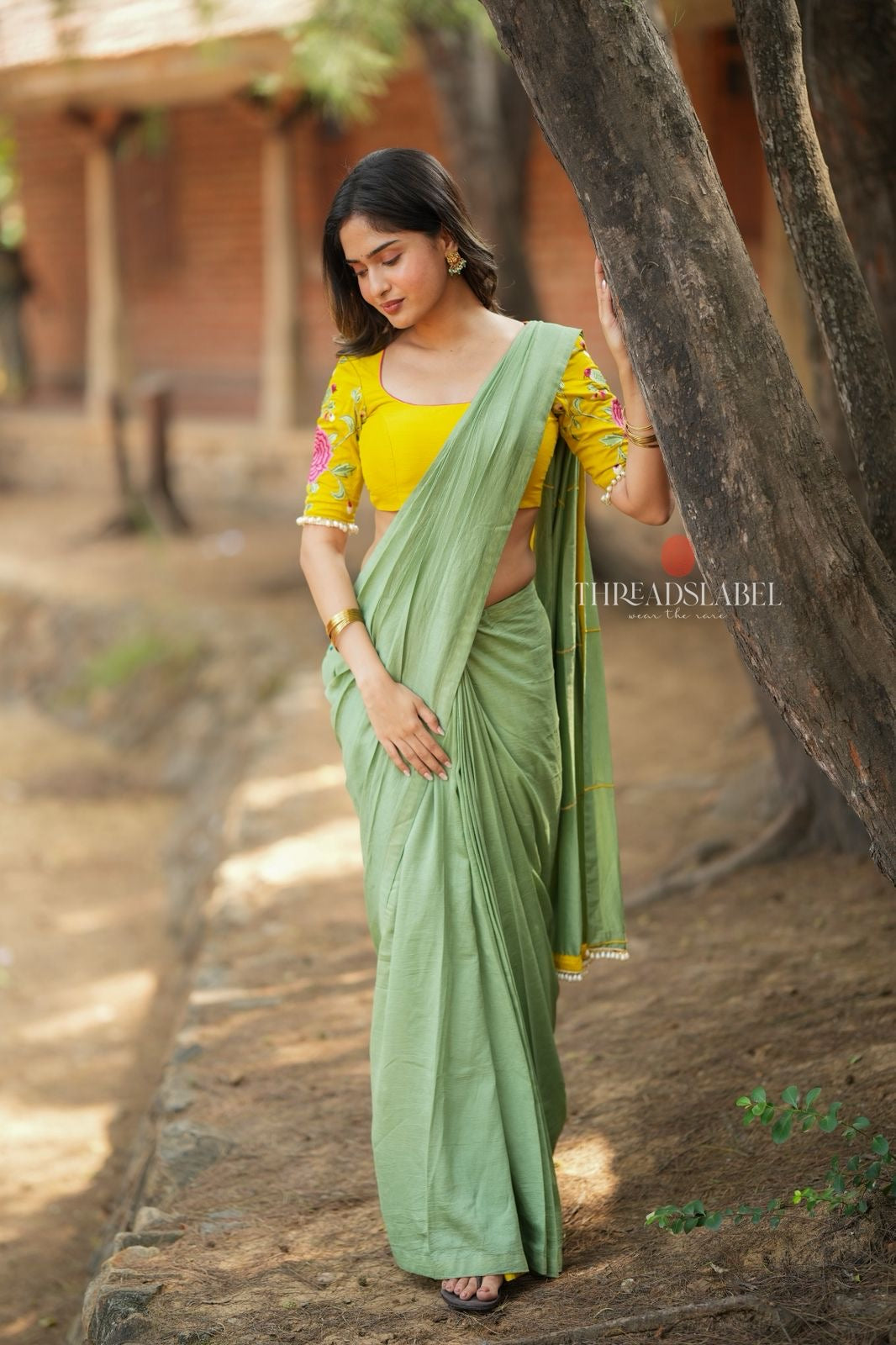 Green marble silk saree with embroidery blouse