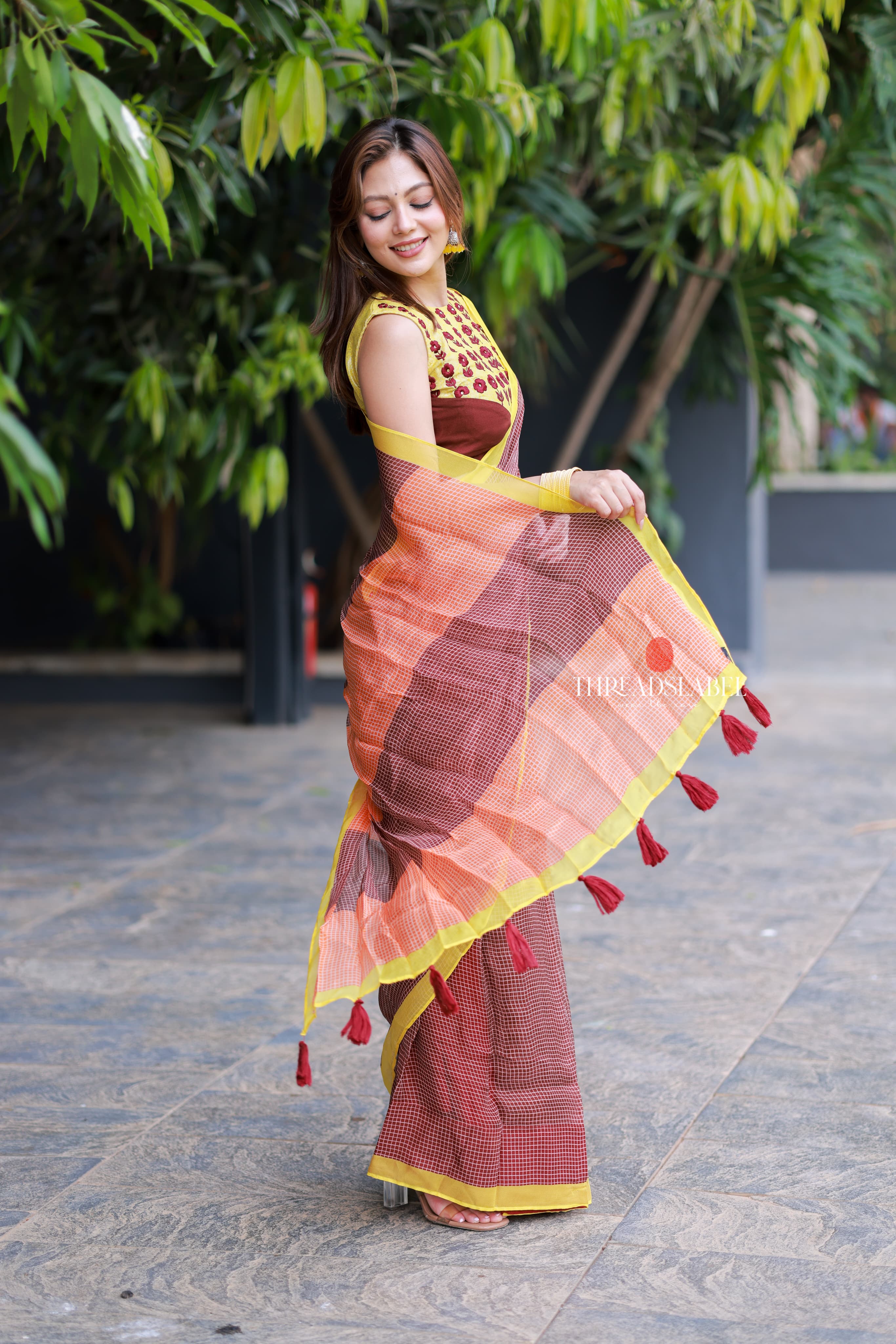 Brown jute saree with banarasi hand work blouse