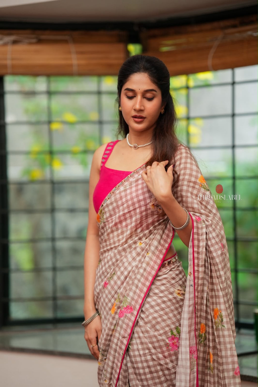 Brown checked mul cotton saree with hand work blouse