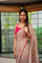Brown checked mul cotton saree with hand work blouse
