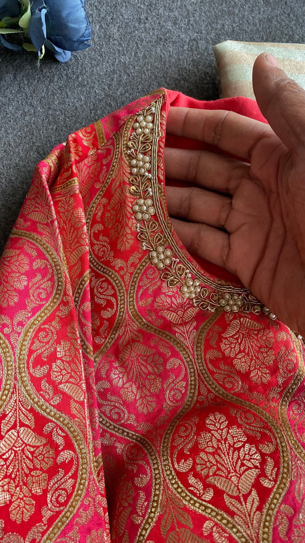 Copper stripped tissue saree with banarasi blouse