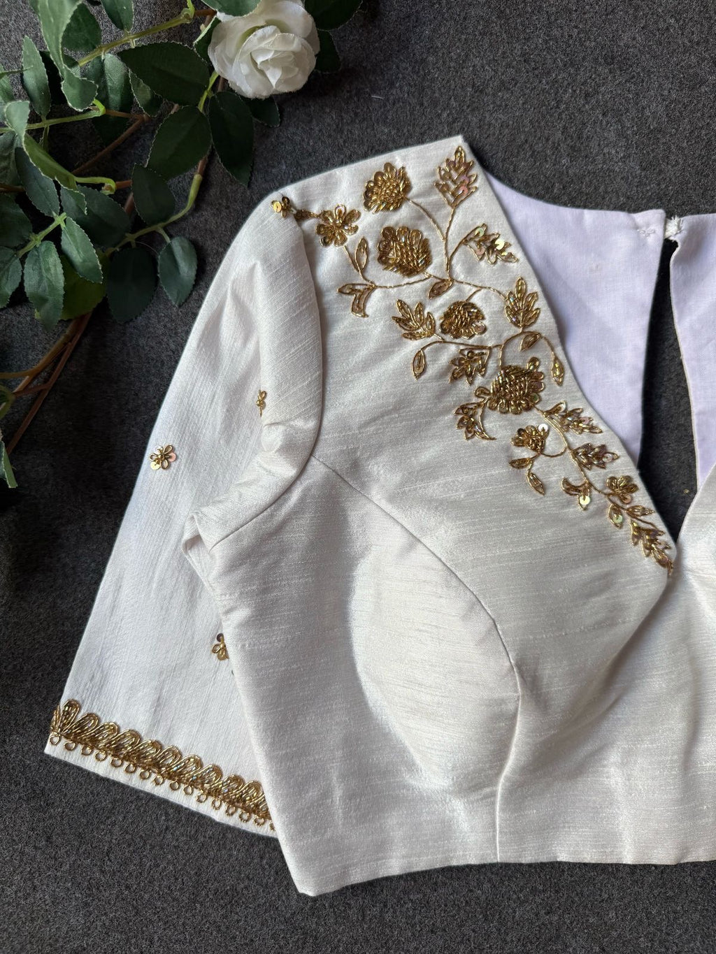 White silk shoulder hand worked blouse