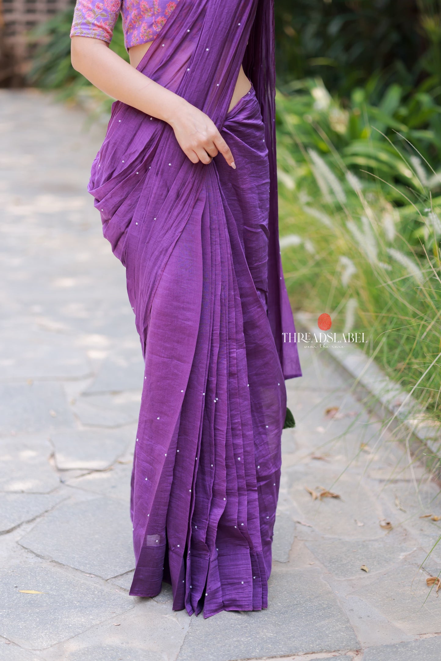 Purple mul chanderi saree with mirror work blouse