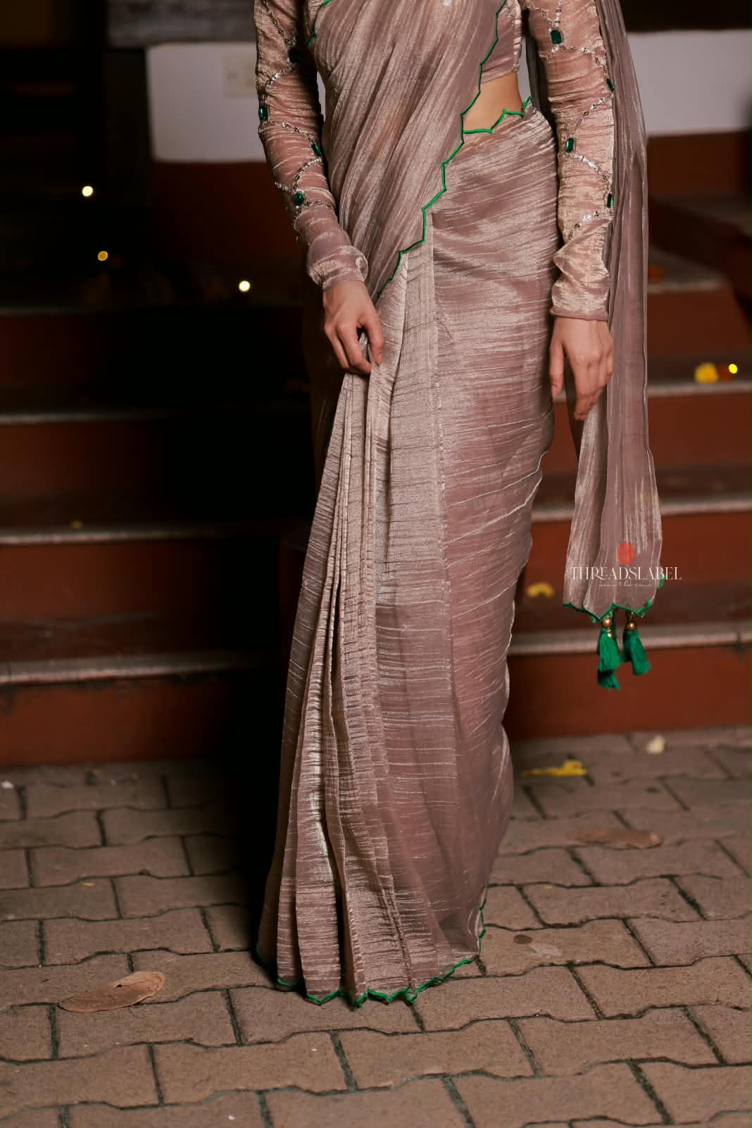 Dusty silver tissue hand made saree & blouse