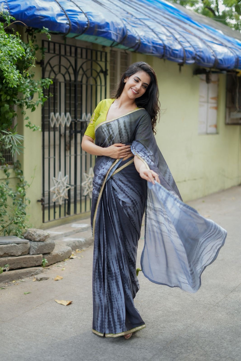 Blue grey georgette saree with silk hand work blouse