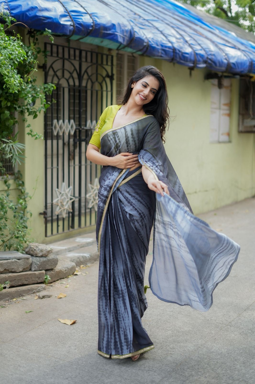 Blue grey georgette saree with silk hand work blouse