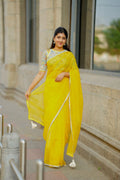 Yellow checked organza with floral cotton blouse