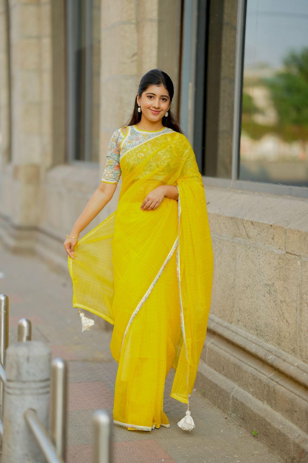 Yellow checked organza with floral cotton blouse