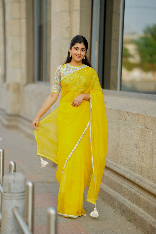 Yellow checked organza with floral cotton blouse