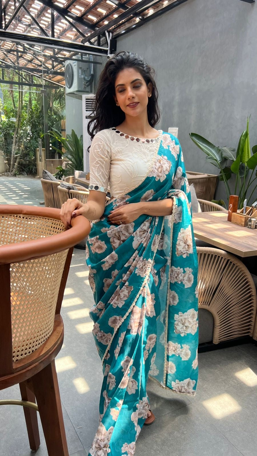 Blue floral soft silk saree with cotton mirror work blouse