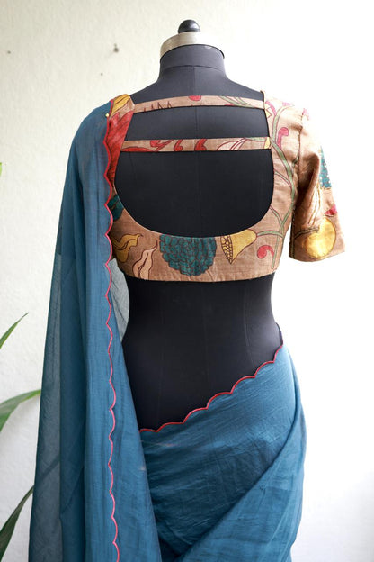 Blue malai cotton saree with kalamkari handwork blouse