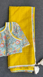 Yellow checked organza with floral cotton blouse