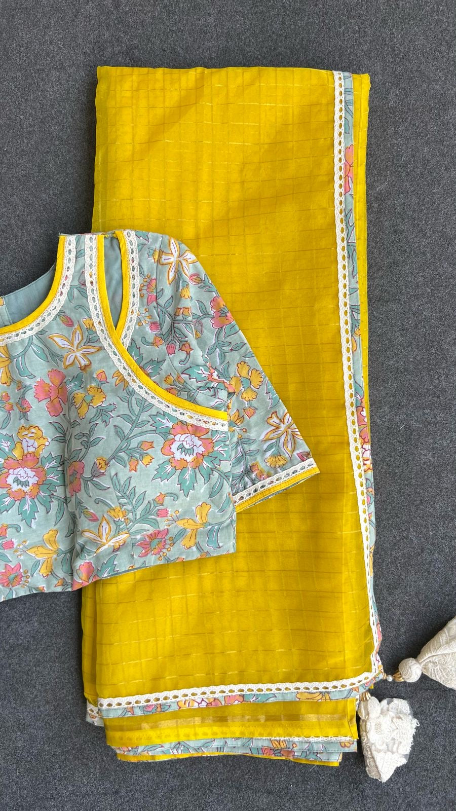 Yellow checked organza with floral cotton blouse