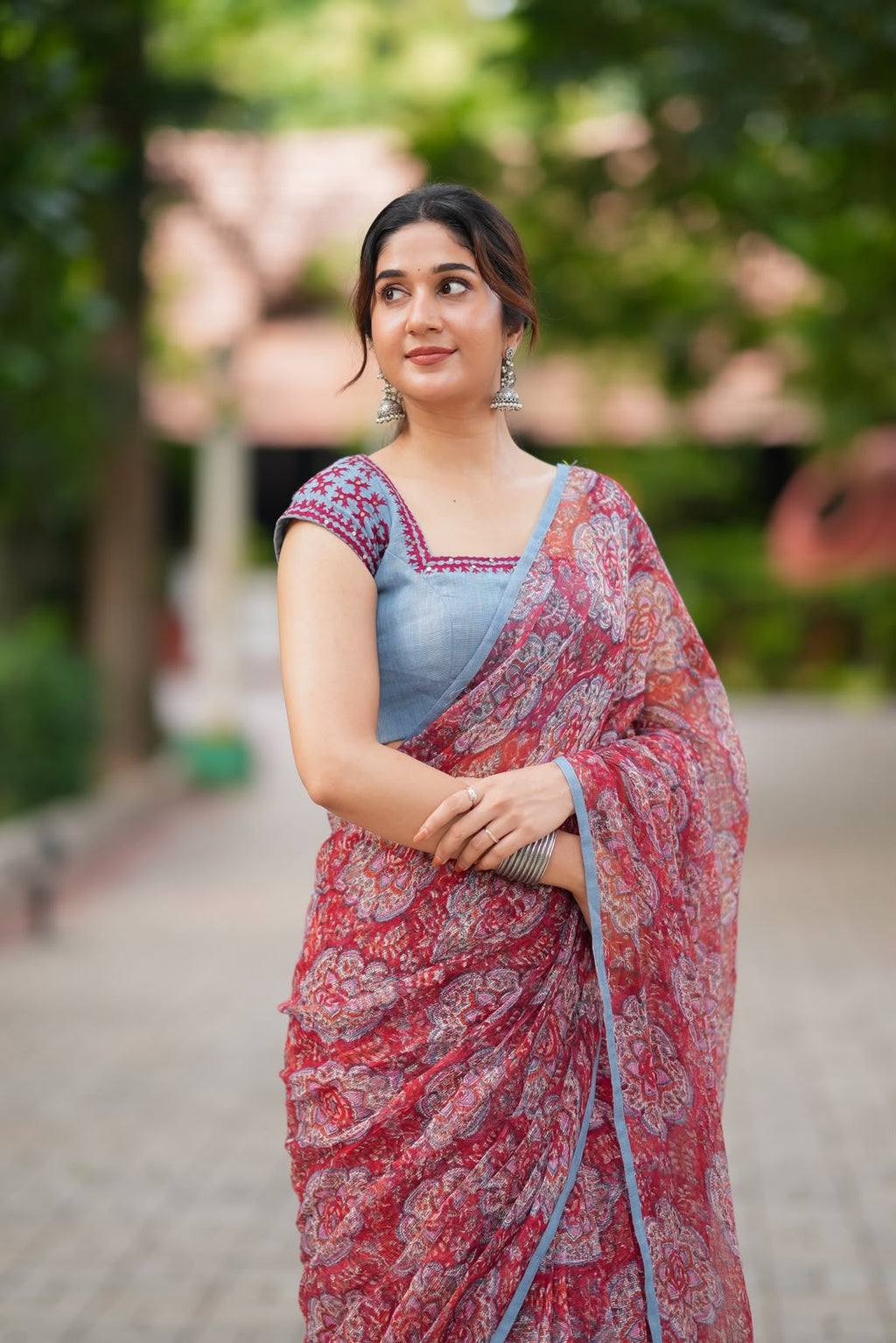 Maroon cotton kota saree with hand work blouse