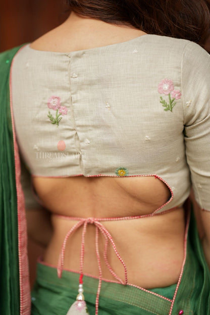 Green mul chanderi saree with halfwhite embroidery blouse