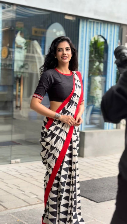 Black & white triangle cotton designer saree
