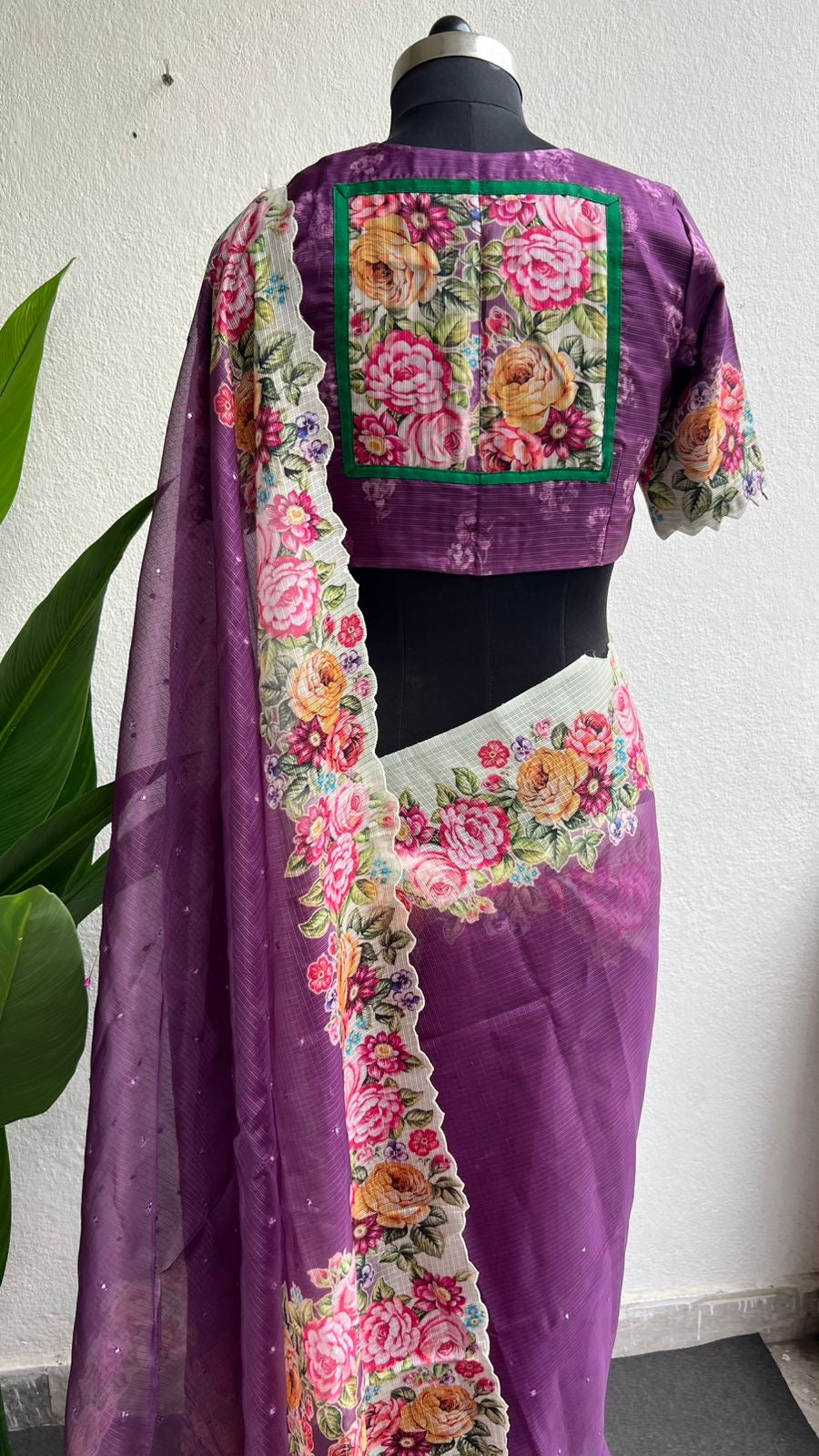 Lavender purple floral kota doria saree with patterned blouse