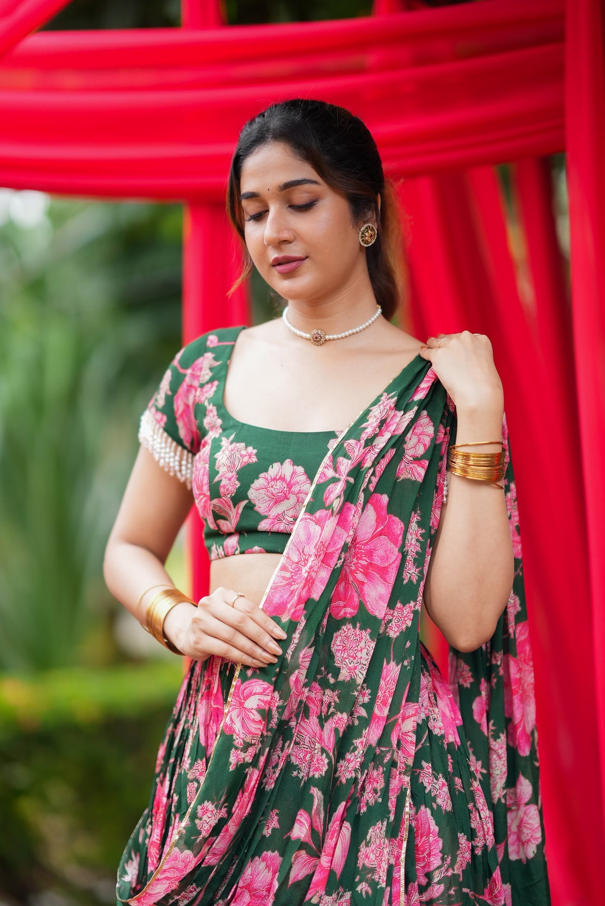 Green floral georgette handwork lehenga