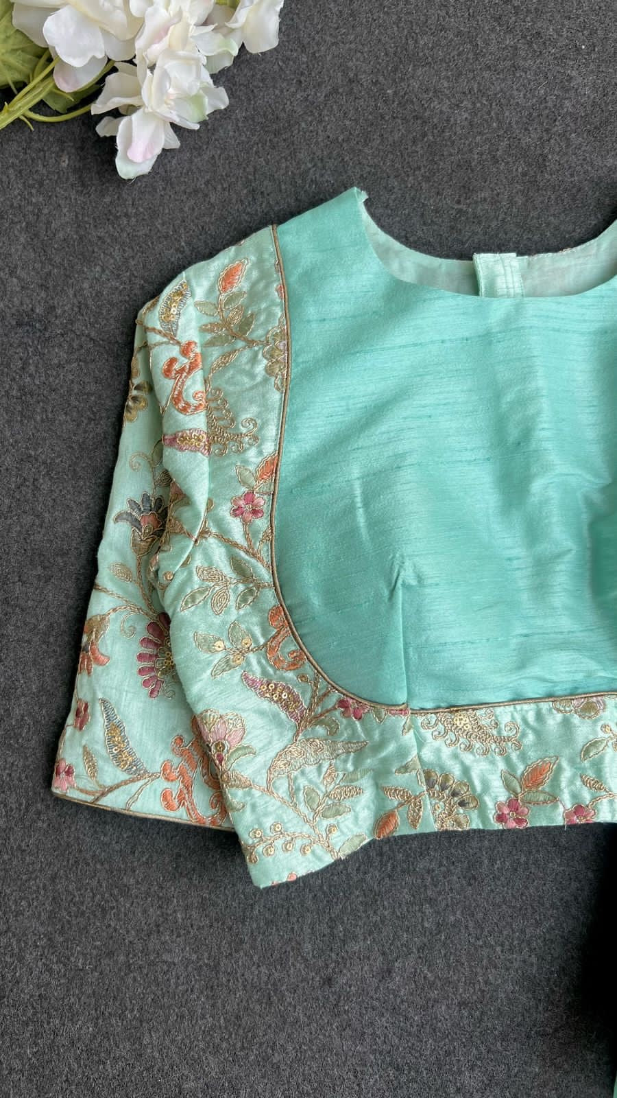 Cyan blue embroidery work blouse