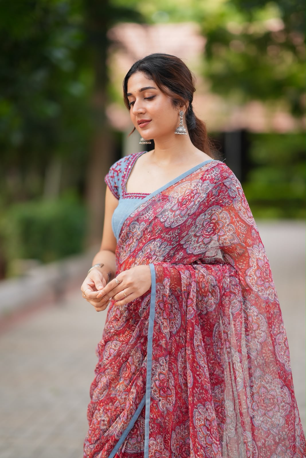 Maroon cotton kota saree with hand work blouse