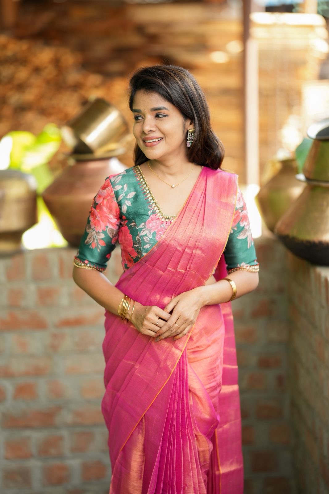 Pink soft tissue saree with hand work blouse