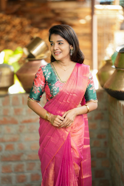 Pink soft tissue saree with hand work blouse