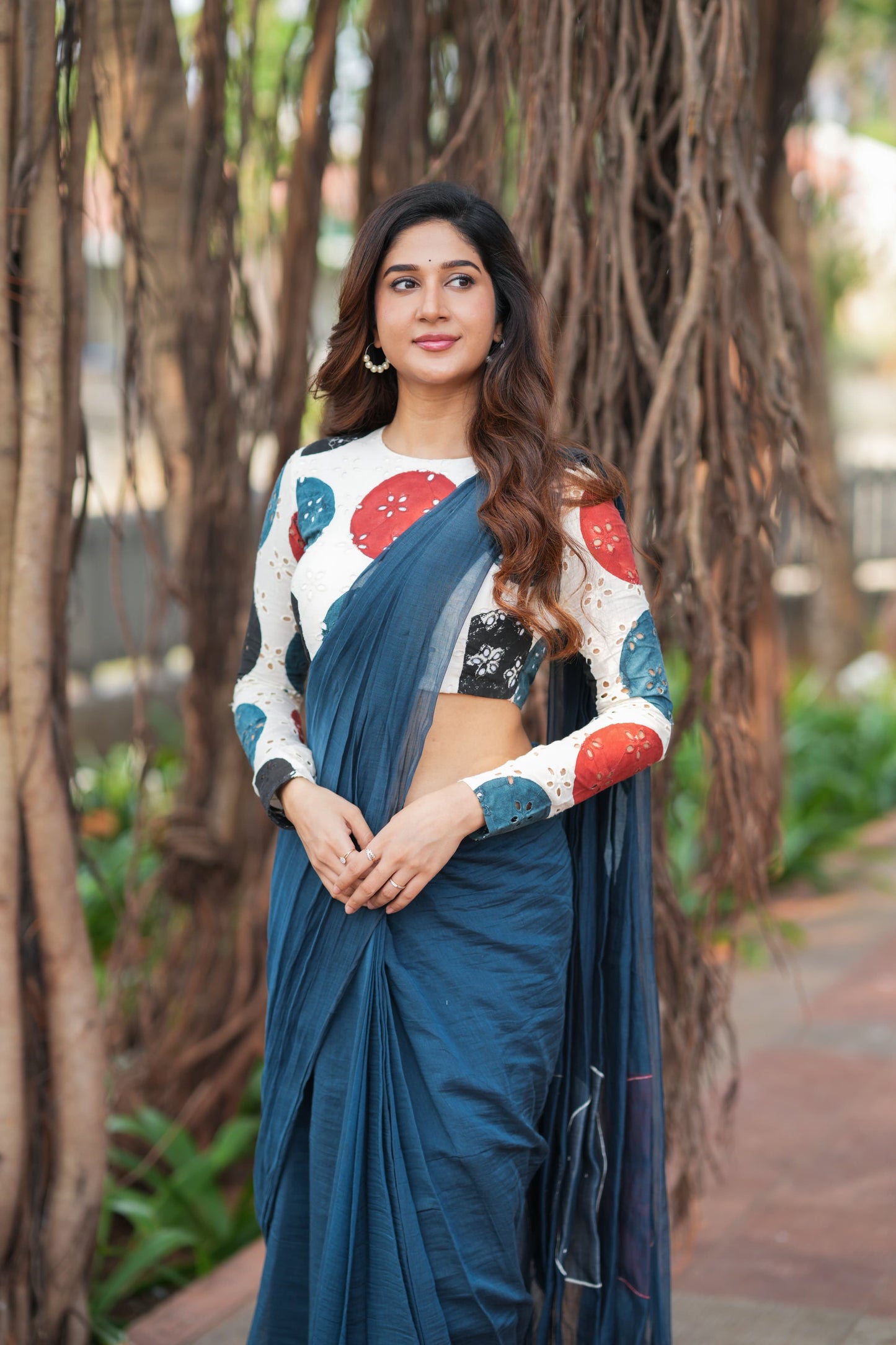 Blue mul chanderi saree with embroidery ajrak blouse