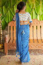 Blue malai chanderi saree with floral print blouse