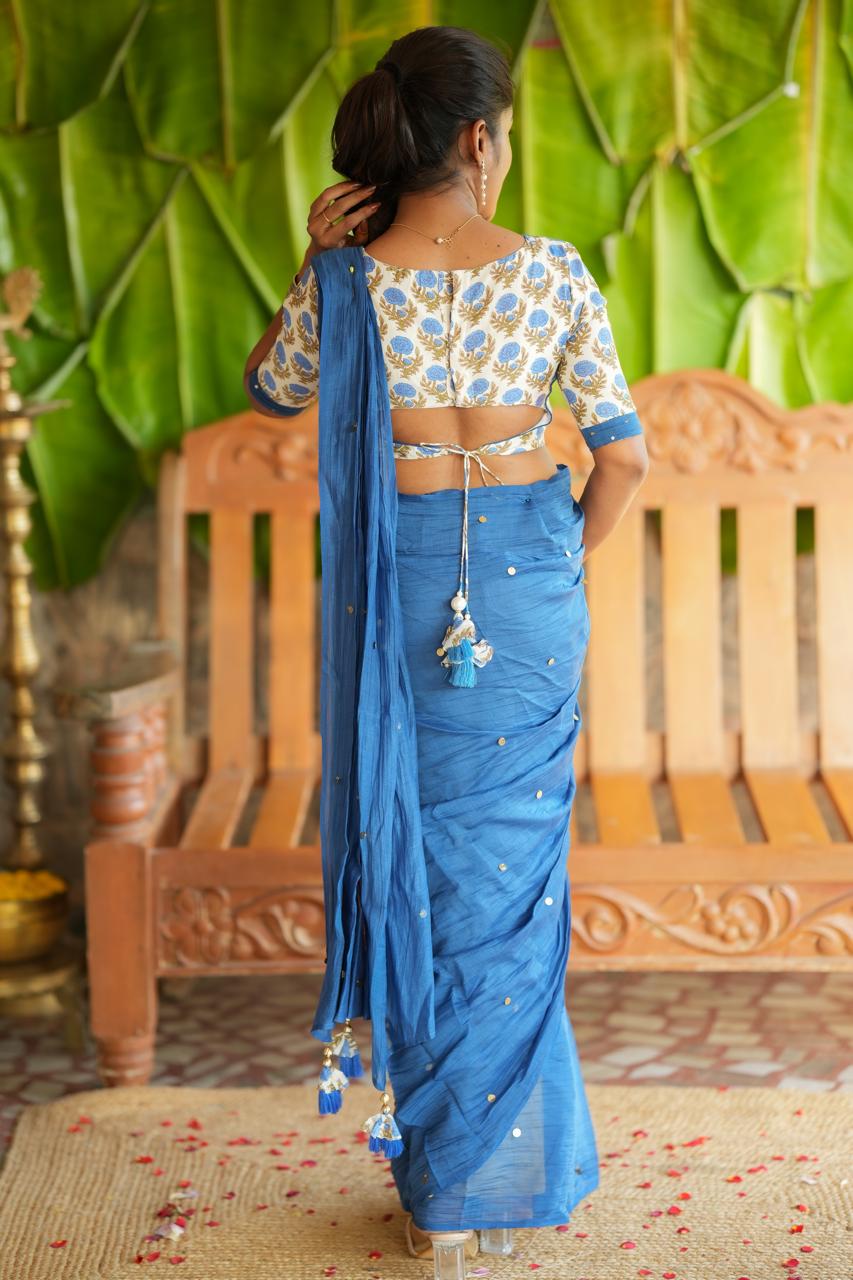 Blue malai chanderi saree with floral print blouse