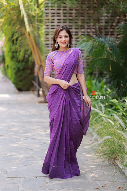 Purple mul chanderi saree with mirror work blouse
