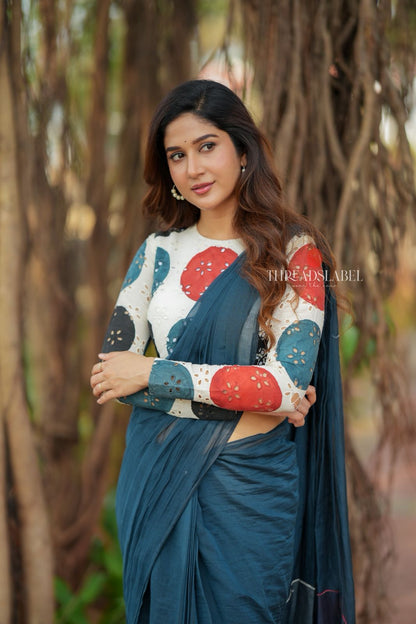 Blue mul chanderi saree with embroidery ajrak blouse