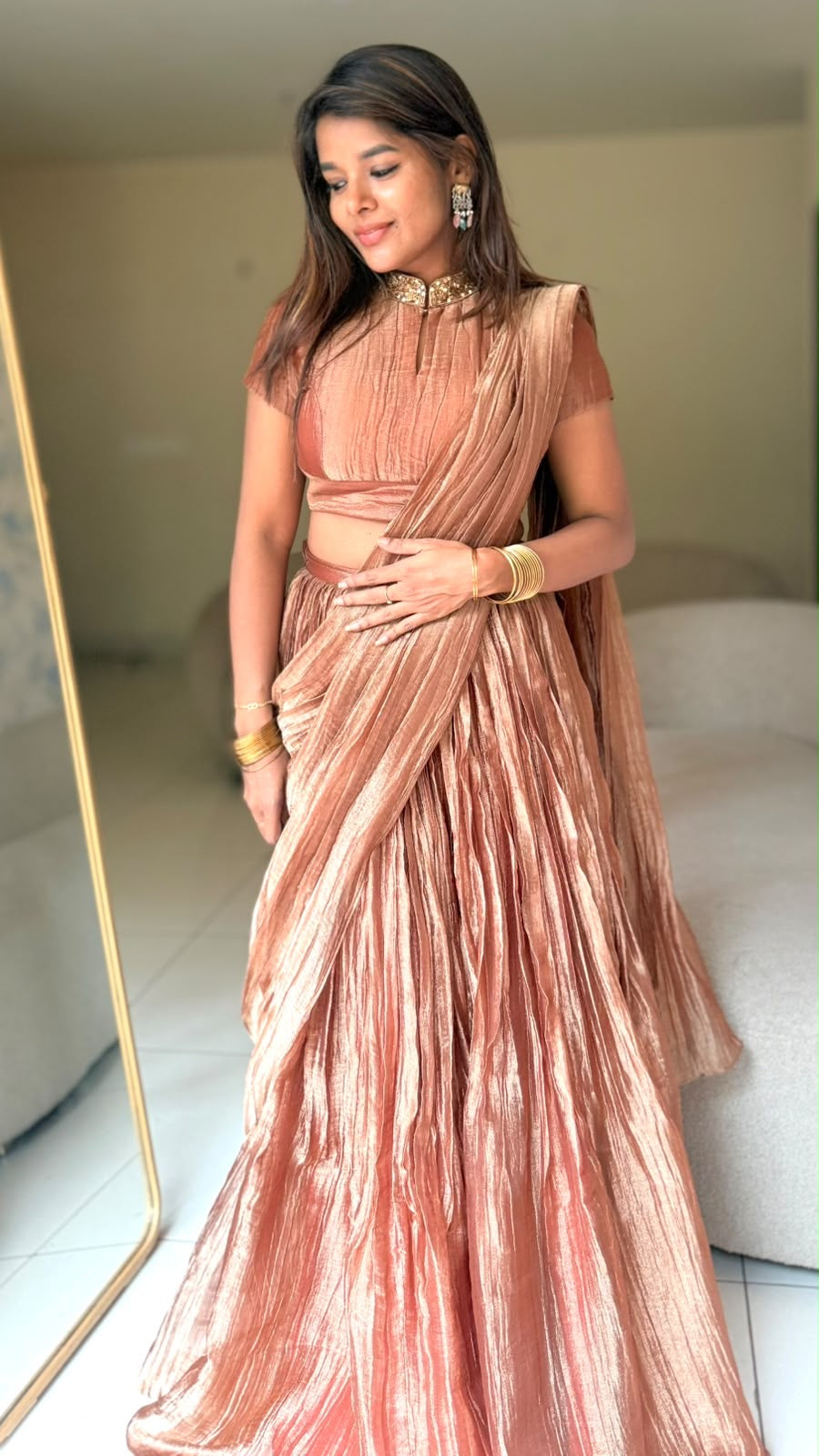 Copper tissue hand work lehenga