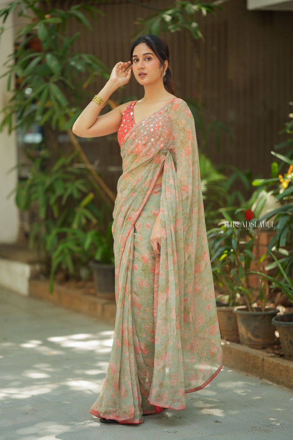 Red silk mirror hand work blouse (only blouse)