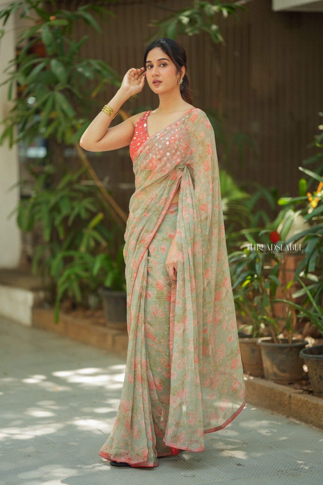 Red silk mirror hand work blouse (only blouse)