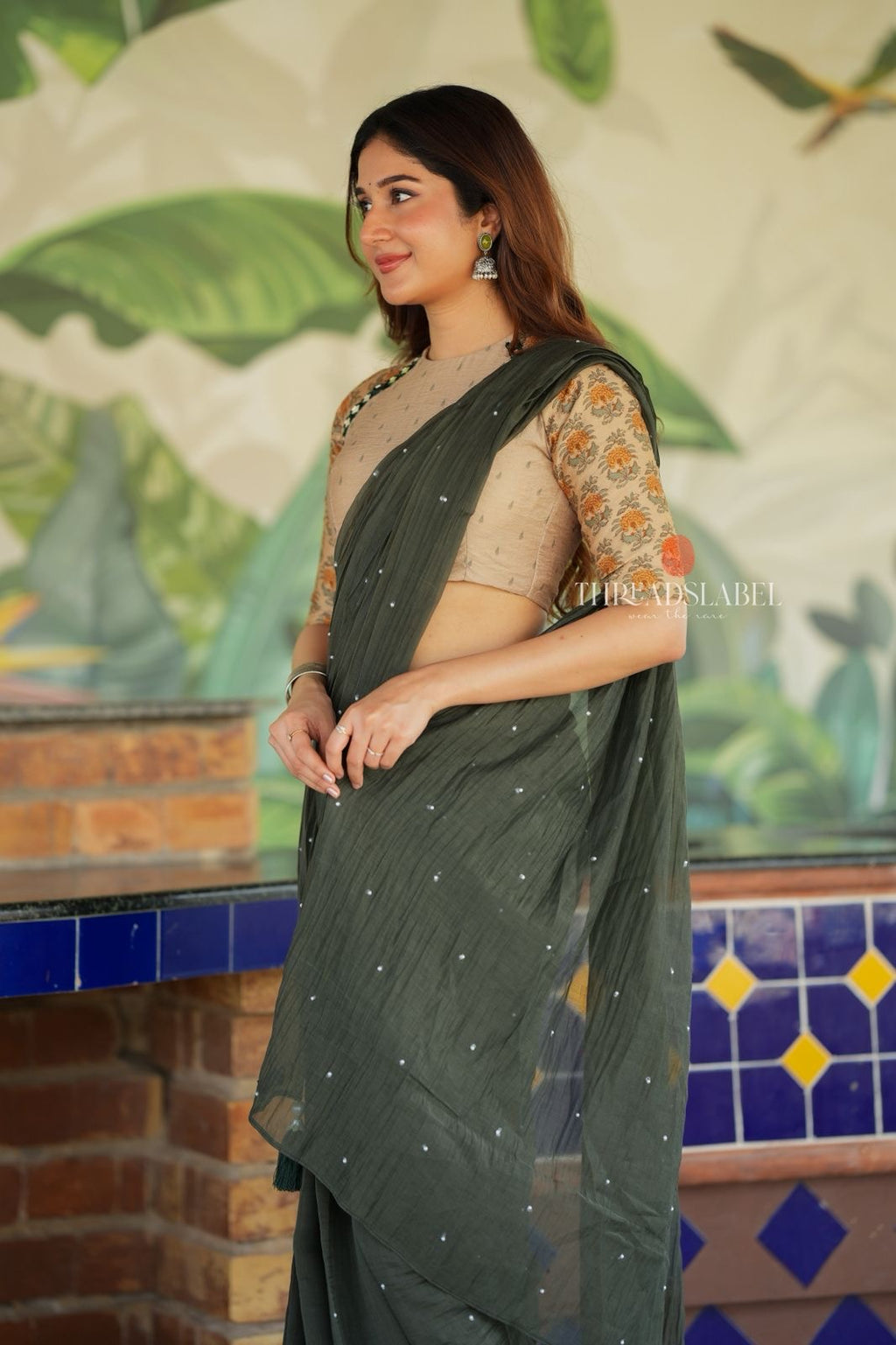 Bottle green mul chanderi saree with mirror work blouse