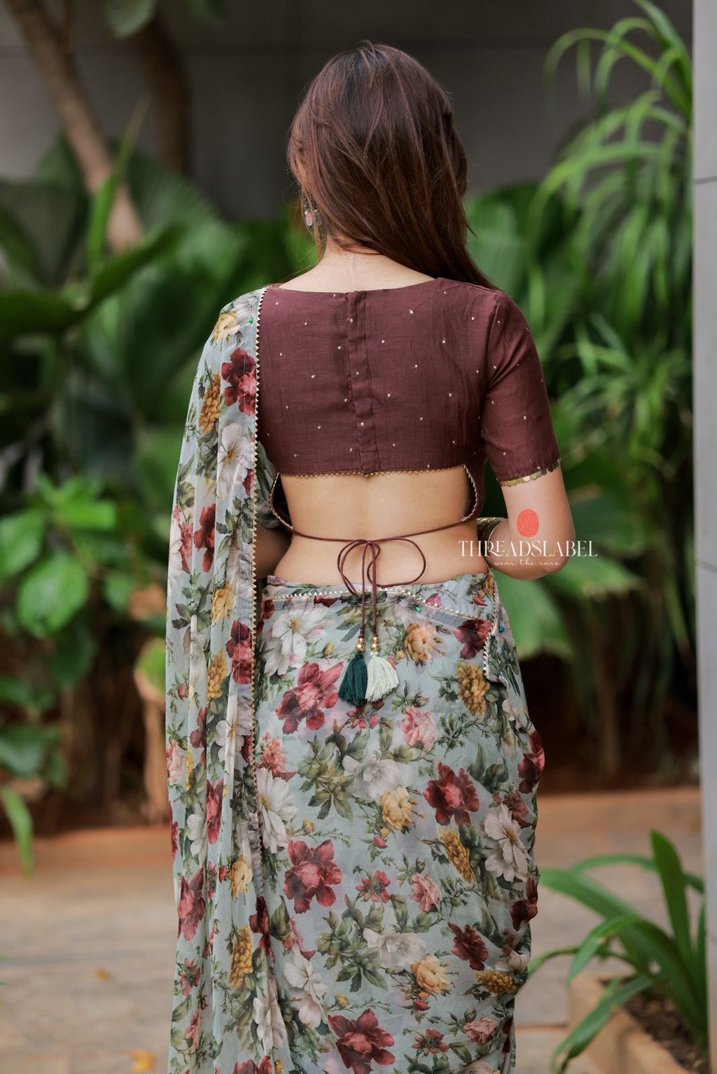 Sage green floral chiffon saree with hand work blouse