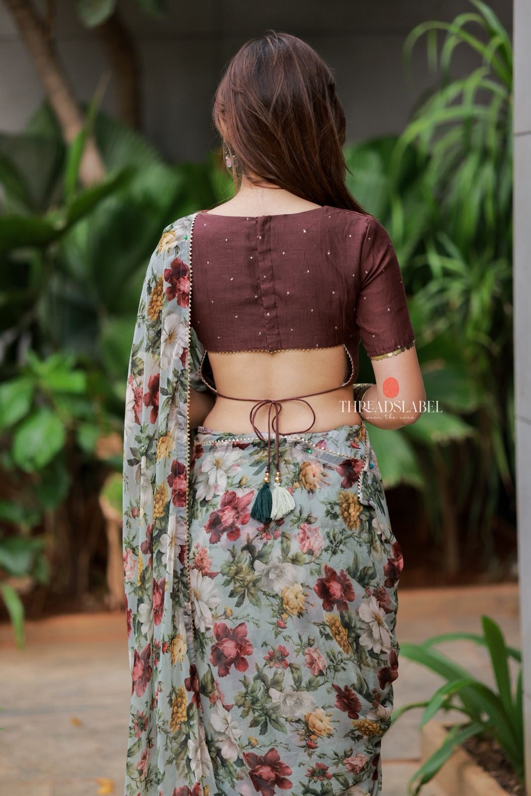 Sage green floral chiffon saree with hand work blouse
