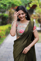 Bottle green Marble Saree with Handwork Blouse