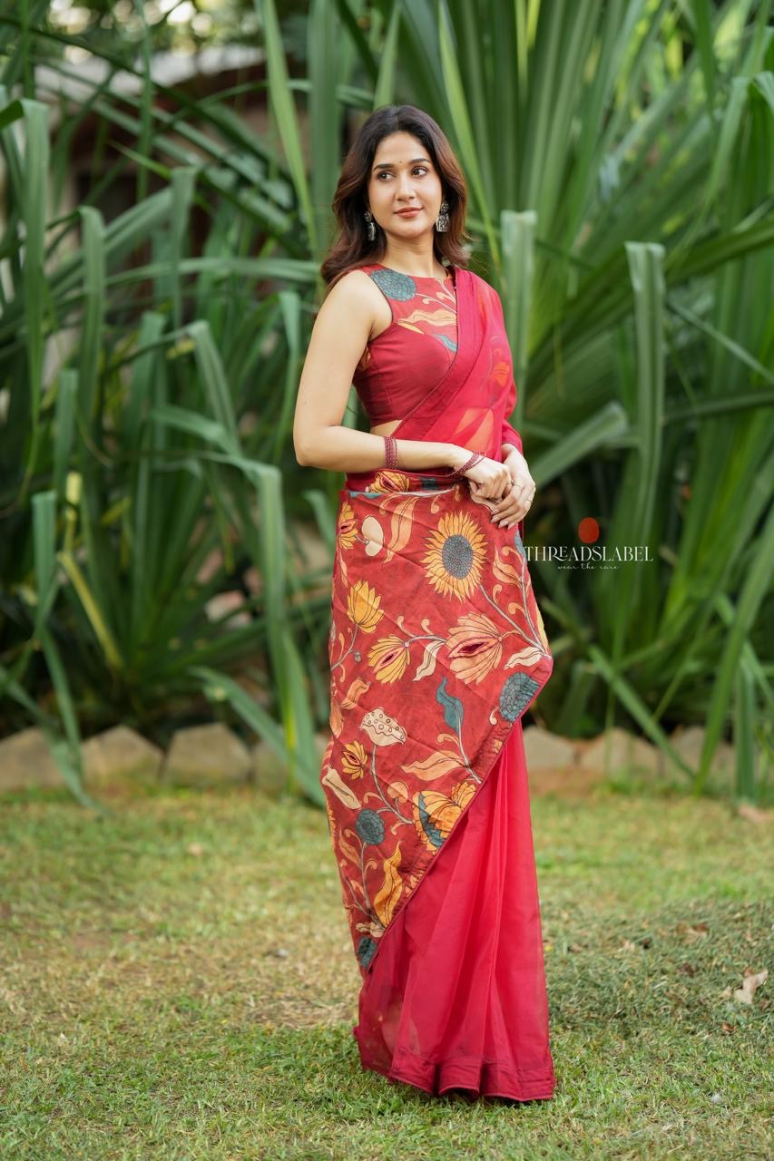 Maroon soft organza saree with kalamkari blouse