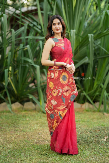 Maroon soft organza saree with kalamkari blouse