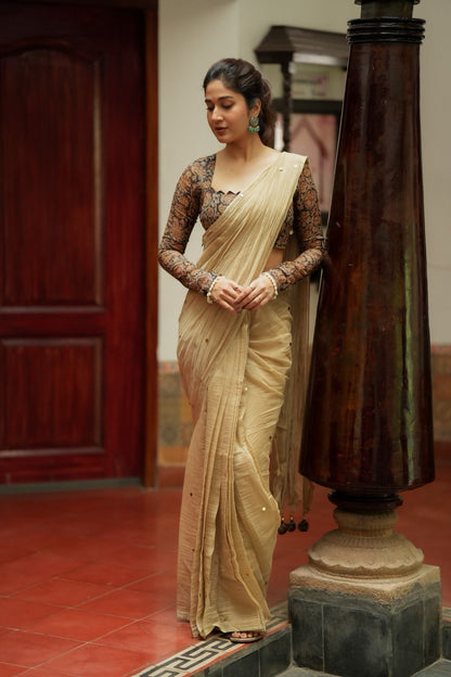 Cream malai chanderi saree with Ajrak print blouse