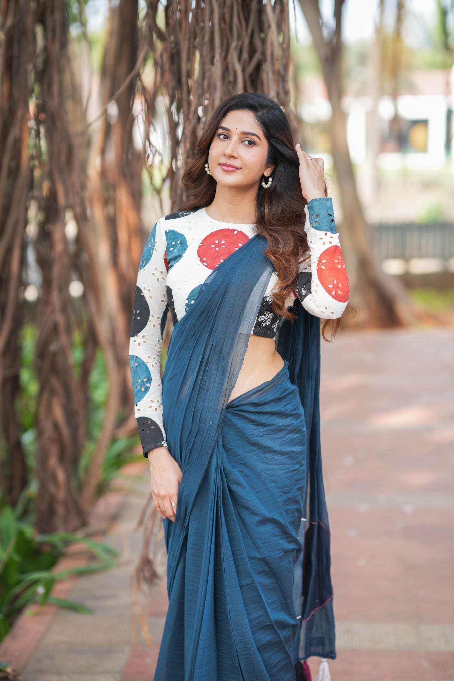 Blue mul chanderi saree with embroidery ajrak blouse
