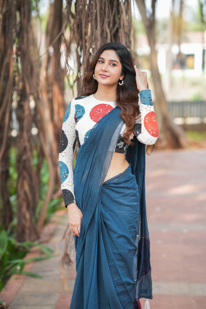 Blue mul chanderi saree with embroidery ajrak blouse