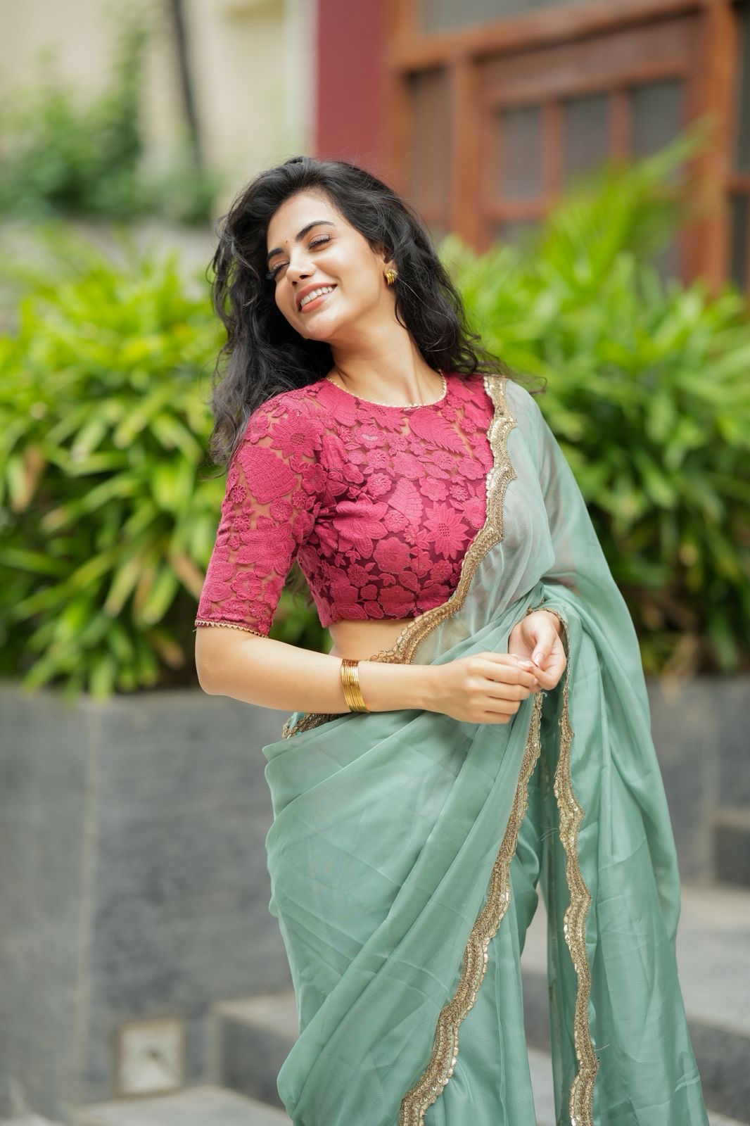 Apple green soft organza saree with embroidery blouse