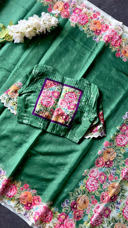 Green floral kota doria saree with patterned blouse