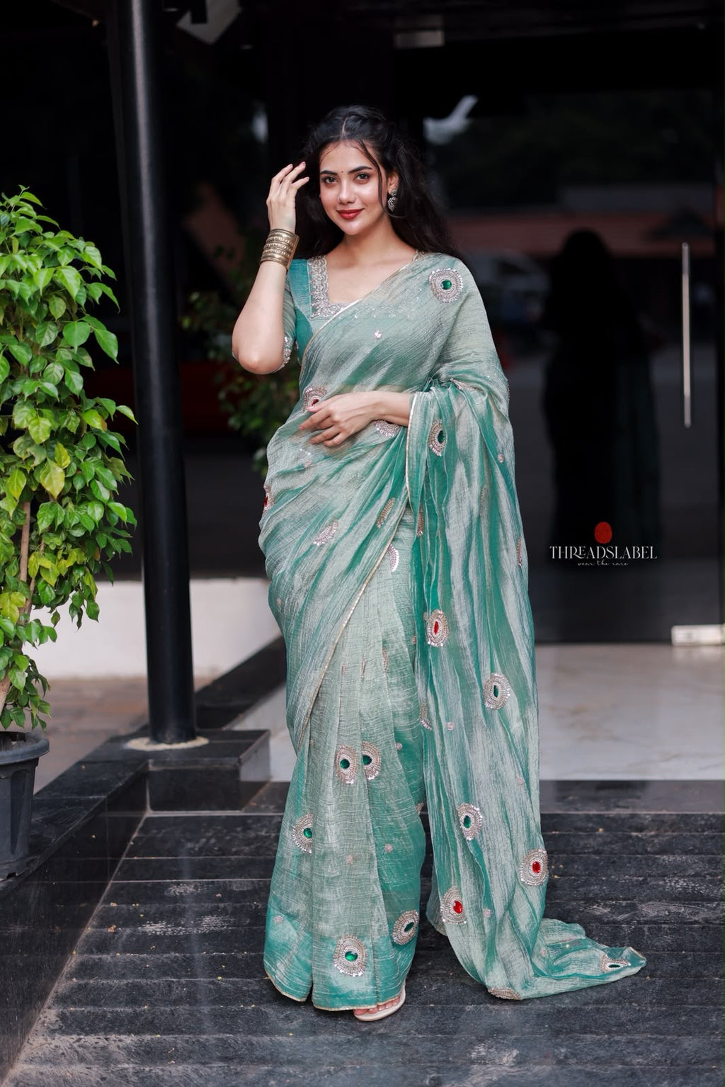 Sea blue tissue hand made saree & blouse