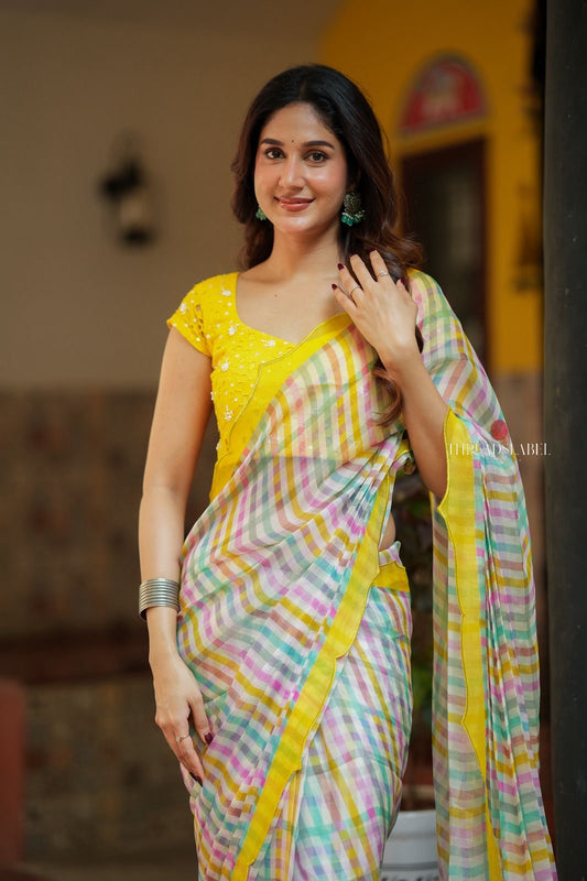 Multi viscose jute saree with hand work blouse
