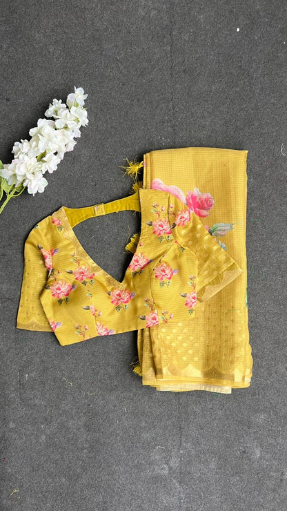 Yellow kota floral saree with blouse