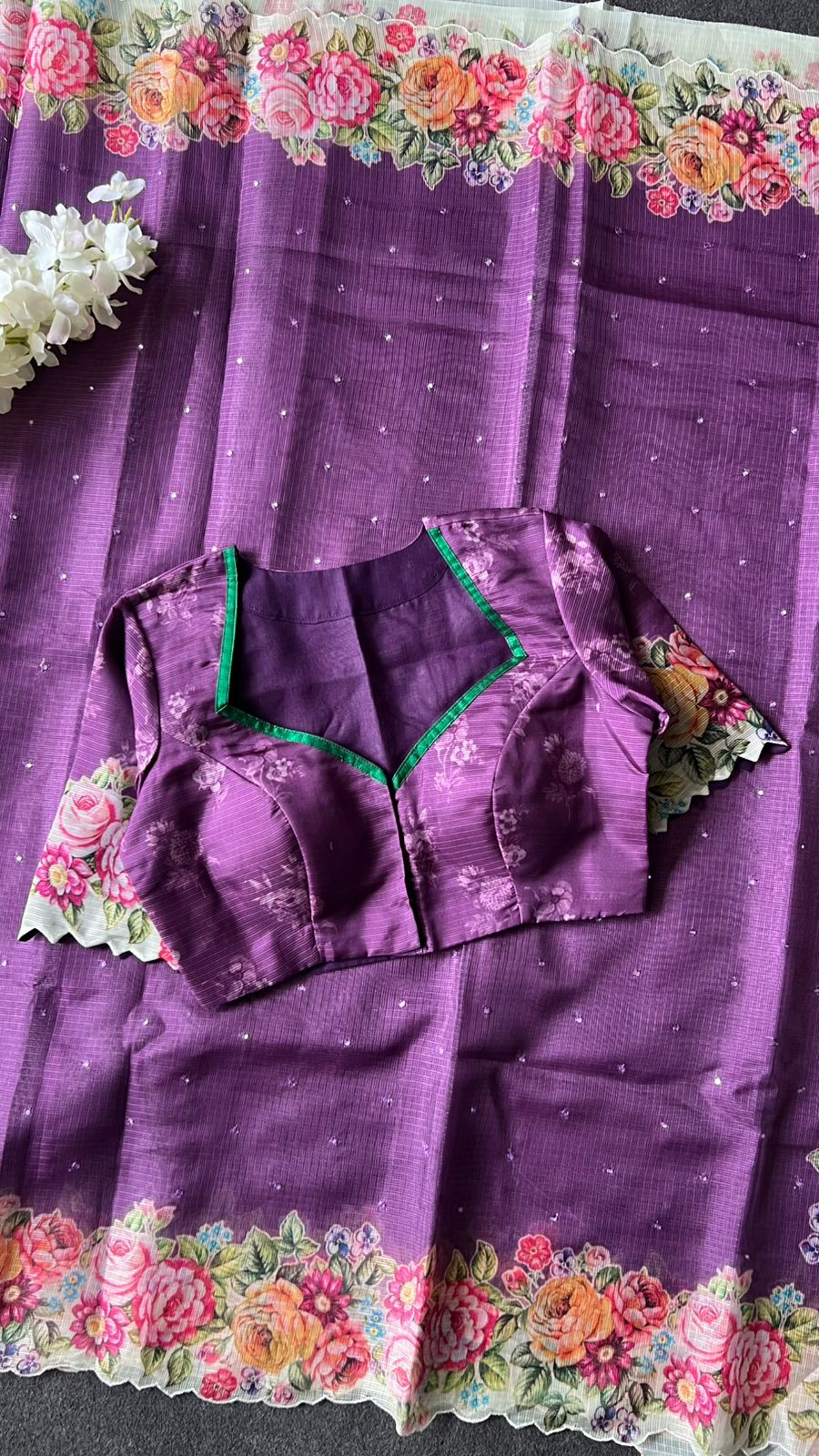 Lavender purple floral kota doria saree with patterned blouse